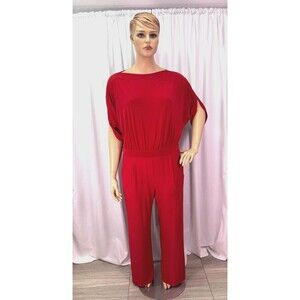 IMAN Red Wide Leg Jumpsuit XL Slit Sleeve Stretch Knit Draped Waist NWT